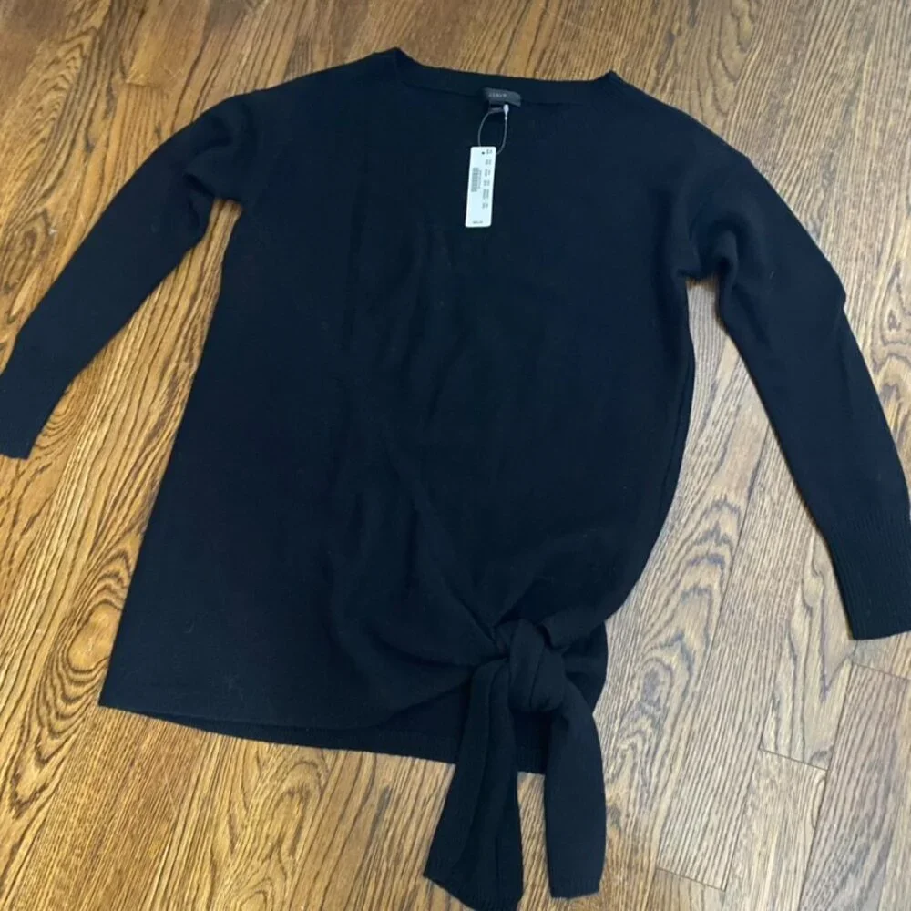 J. Crew black tie front bow black boat neck sweater XXS wool blend NWT